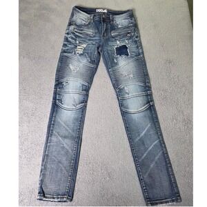Preme Mens 30x32 Biker Moto Jeans Blue Distressed Patched Ribbed Slim Fit Denim
